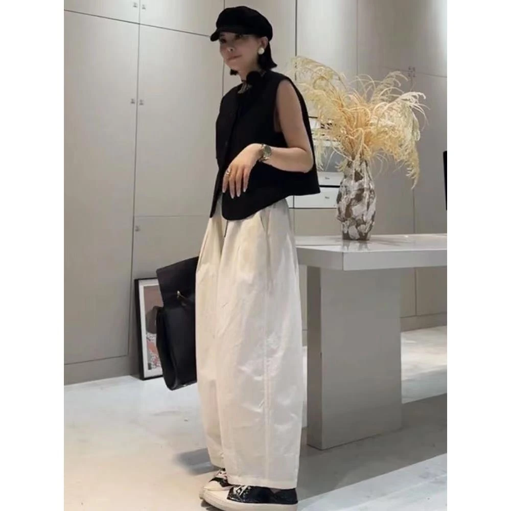 2025年春秋新款宽松气球裤显瘦九分休闲裤白色高腰百搭薄款日系