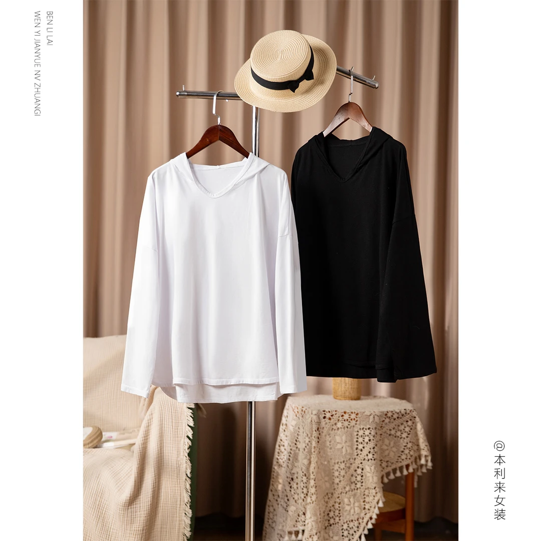 【本利来】简约休闲落肩连帽长袖T恤女春夏新款显瘦舒适上衣6328
