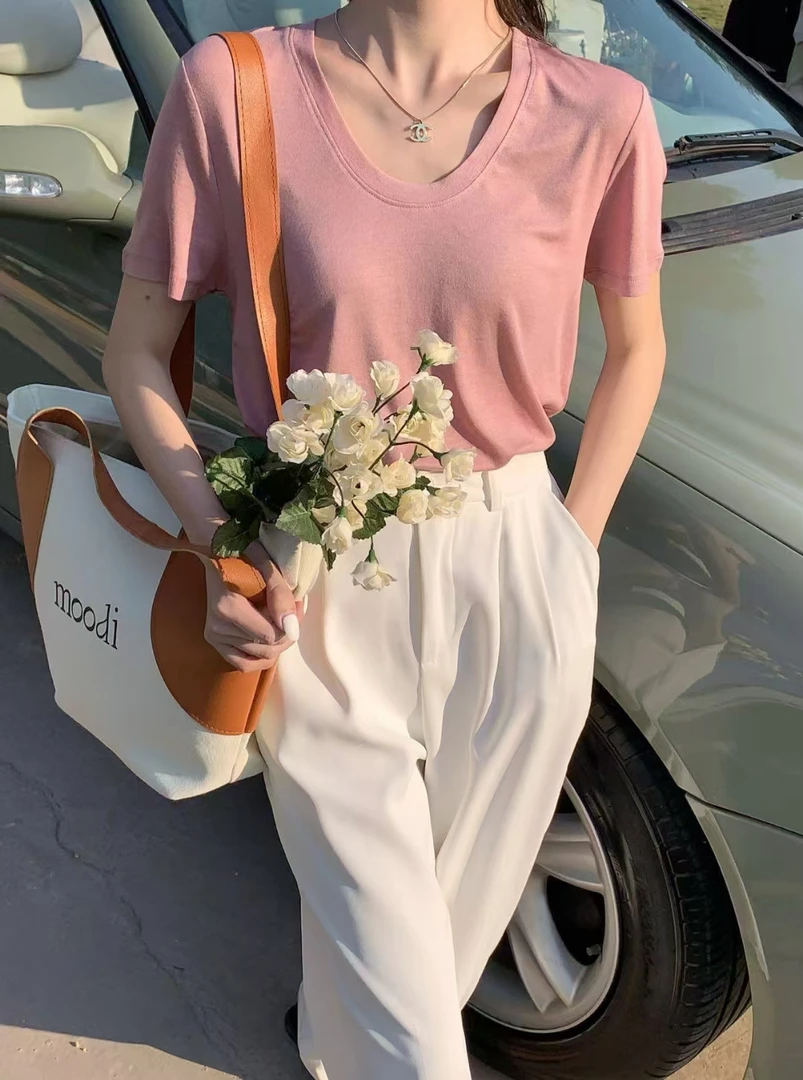 重磅纯棉女式t恤圆领宽松百搭春秋夏季ins内搭打底衫上衣服装白色