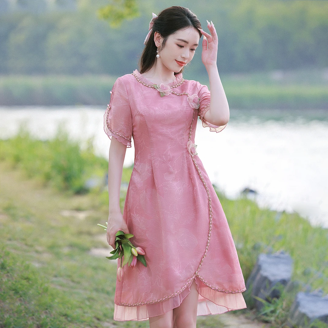 烟花烫新中式复古小个子连衣裙女夏季减龄收腰显瘦印花裙子 楚悦