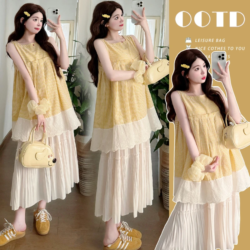 【嗒嗒】2025新款夏季孕妇套装季无袖格子上衣+压褶半身裙两件夏款