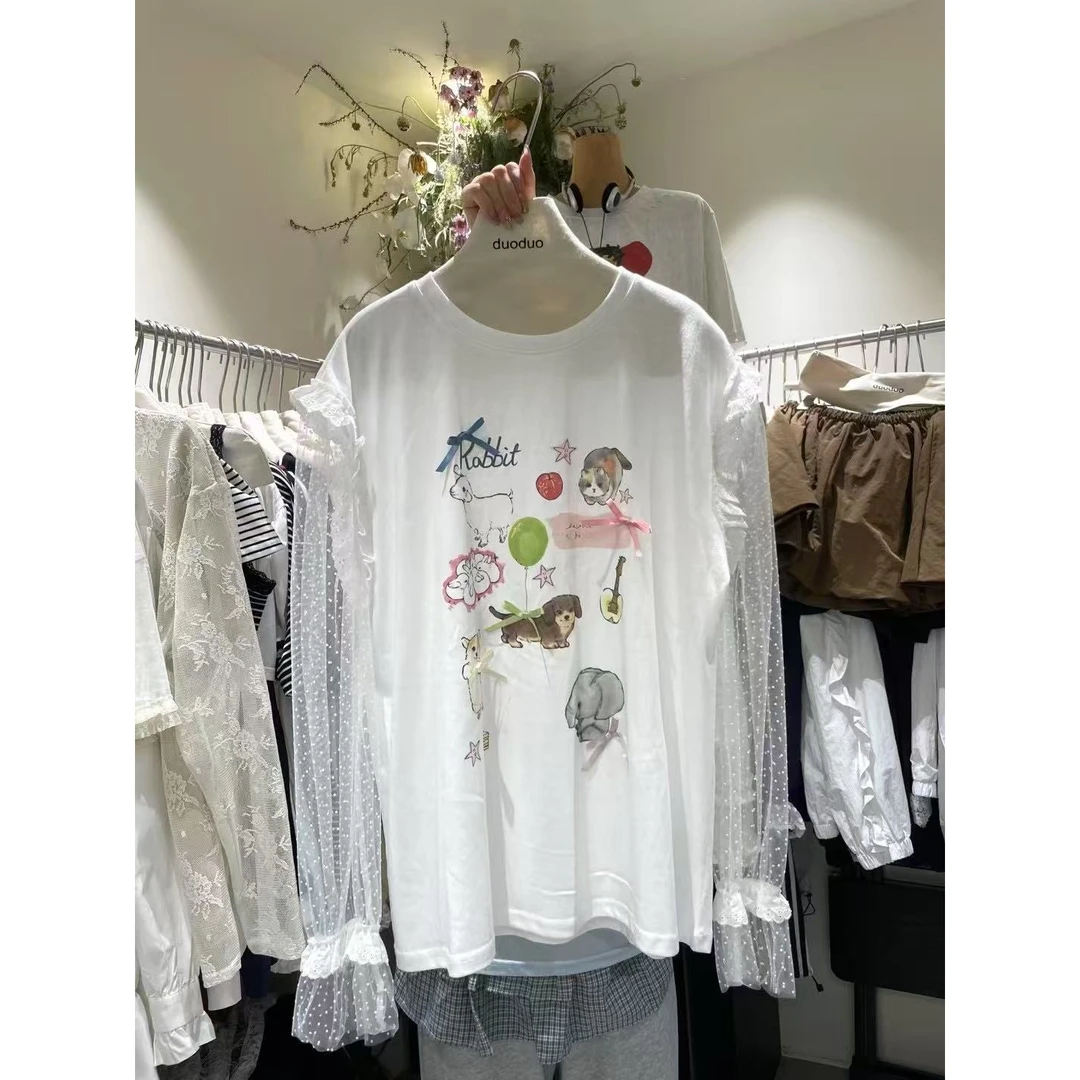 韩国INS时尚印花拼接蕾丝袖子T恤