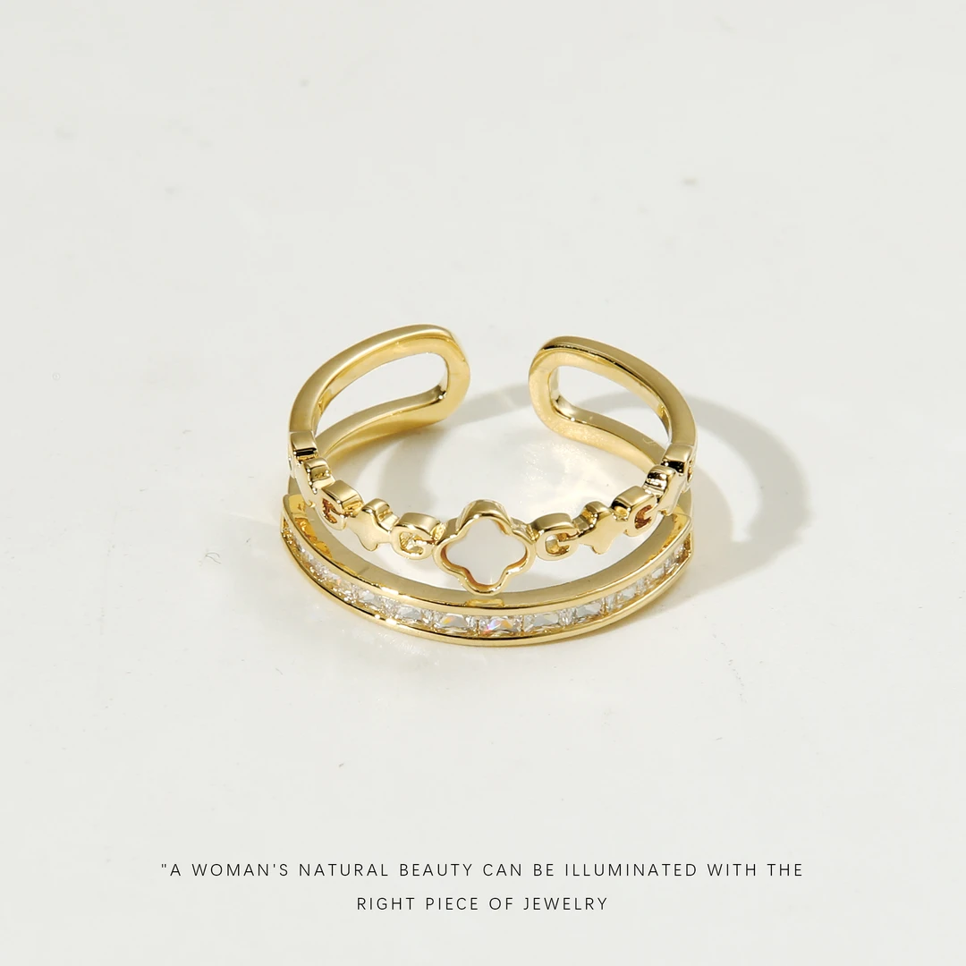 铜合金合成锆石戒指 【双层四叶草】时尚百搭戒指A643