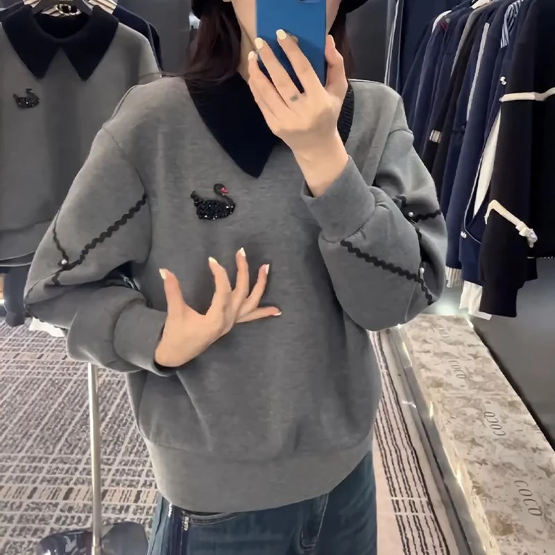 2670【不加绒】女士灰色卫衣秋冬2025新款爆款时尚洋气上衣