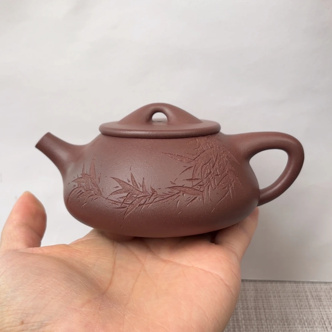 茶壶紫砂半手工老紫泥刻绘景舟石瓢壶220cc