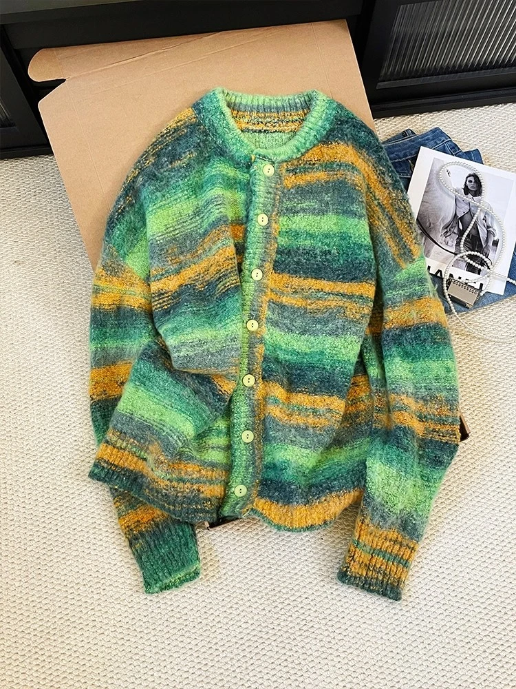 法式复古慵懒渐变拼色开衫女2025秋季新款小众毛衣针织衫纽扣外套