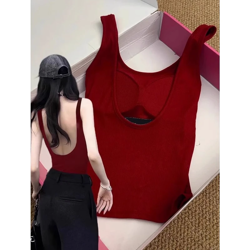 性感露背吊带背心女内搭U型美背文胸一体打底修身带胸垫外穿上衣