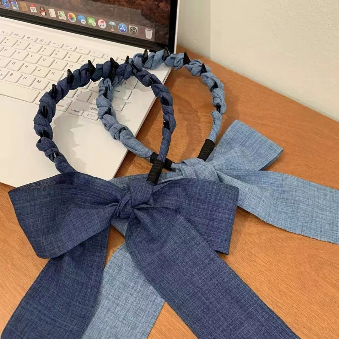 牛仔飘带～新款夏日清凉感麻花纽结甜辣少女全扎齿梳飘带发箍
