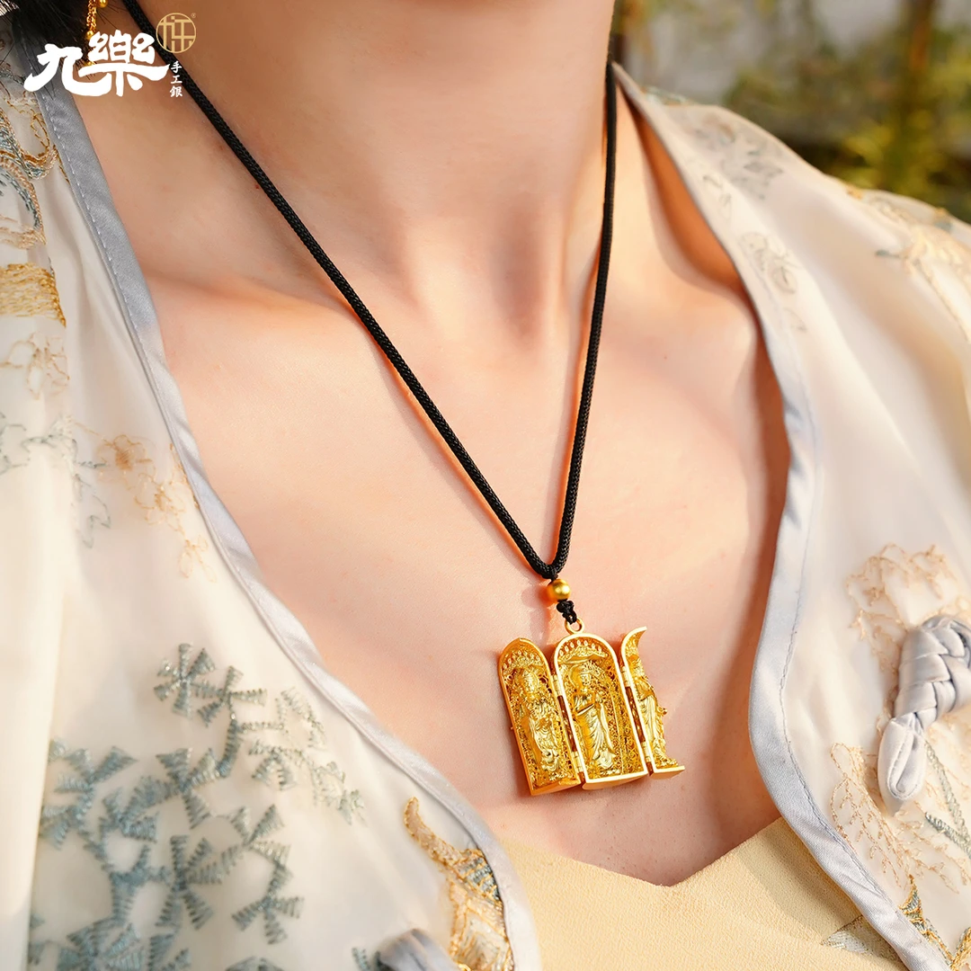 九乐 吊坠足银 莲花三圣绳链新国风999纯银吊坠项链女士时尚精美