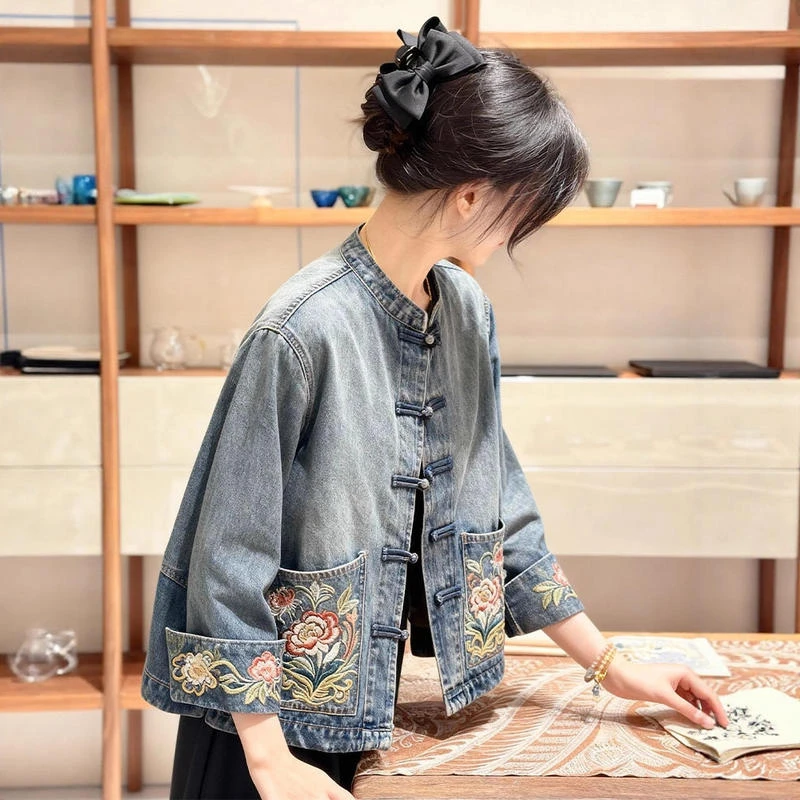 2025秋季新款新中式女装国风刺绣牛仔外套高端年轻款上衣