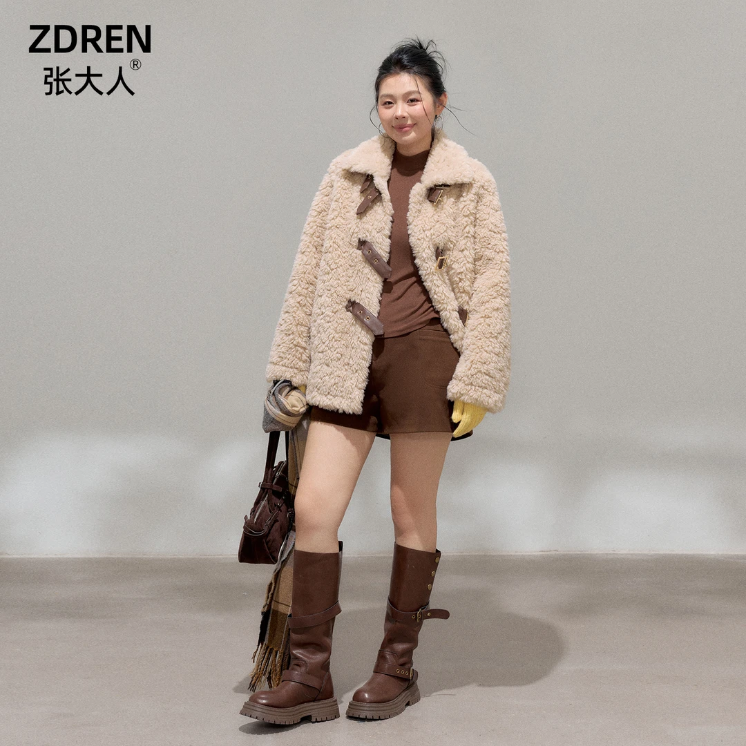 张大人【棉绒牧场】大码女装微胖妹妹复古扣袢立领绵绵毛外套套装