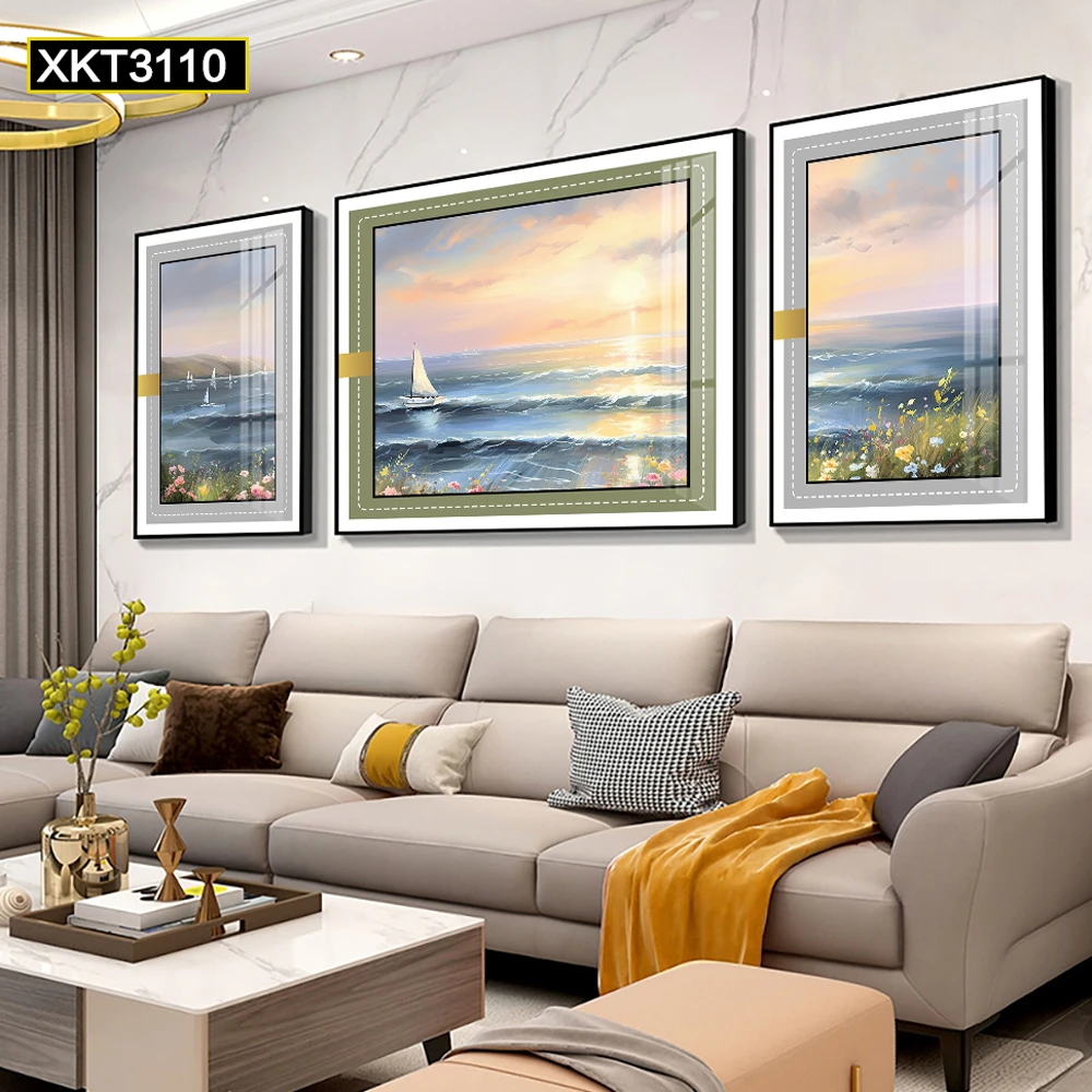 一尺缘一帆风顺三联画装饰画沙发背景画砂岩板客厅办公室书房画