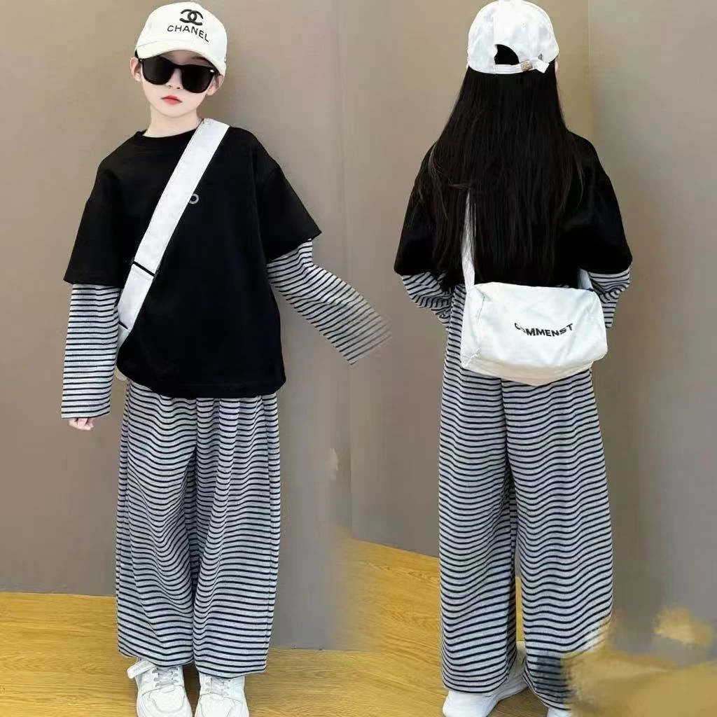 套装早秋新款洋气设计感长袖女童炸街时髦条纹拼接上衣裤子两件套