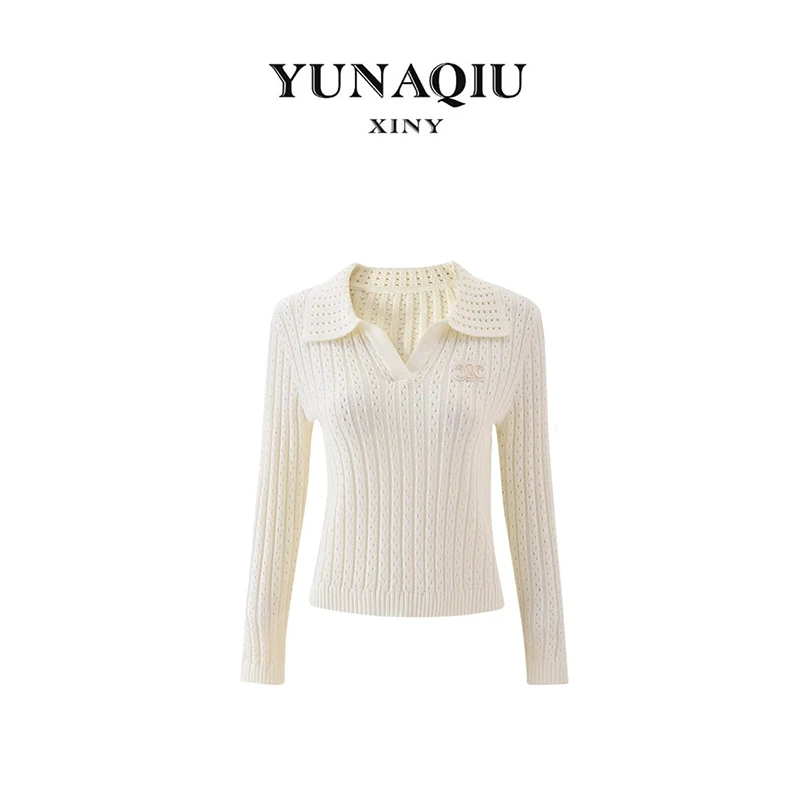 YUNAQIU-白色翻领镂空长袖针织衫气质V领百搭早秋打底上衣-7845