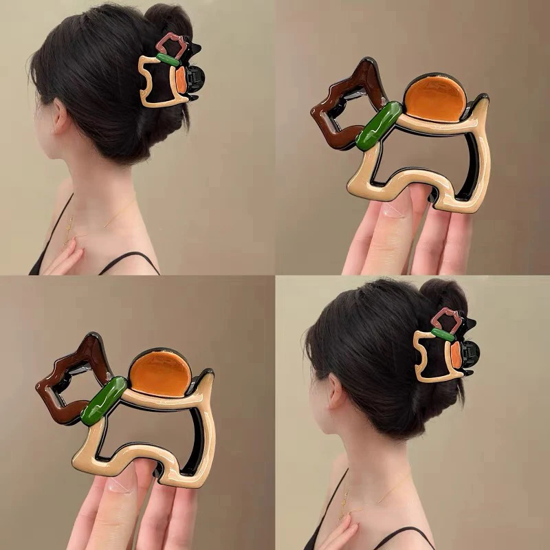 撞色抓夹设计感小狗女2024新高级感大号鲨鱼夹发夹后脑勺夹子发饰