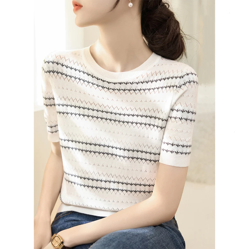 2025夏季新款圆领气质条纹短袖针织衫宽松显瘦莱赛尔天丝T恤上衣