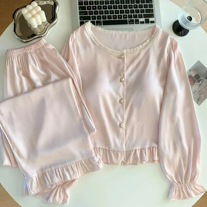 春夏季法式甜美冰丝睡衣女带胸垫气质花边两件套家居服套装可外穿