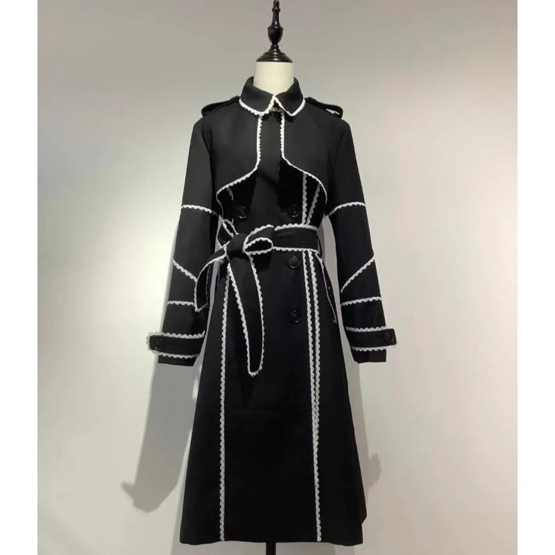 黑色蕾丝洋气荷叶边外套女长款 秋冬收腰修身显瘦气质风衣0027