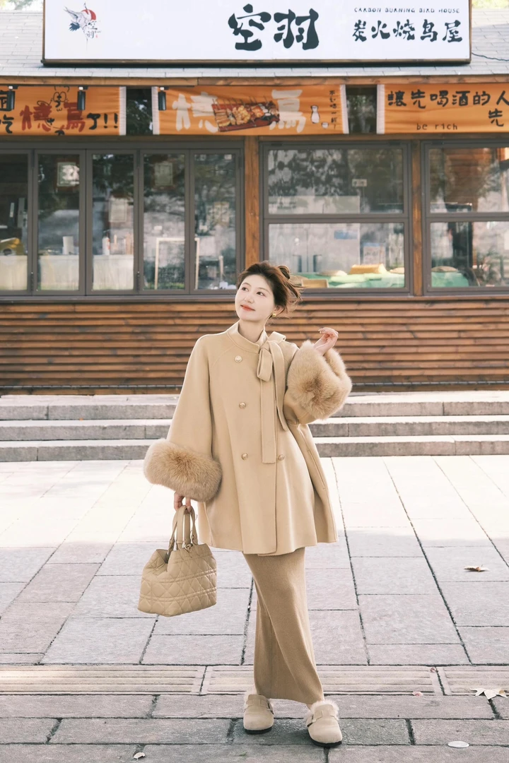 3761小香风卡其高级感双排扣毛呢外套气质