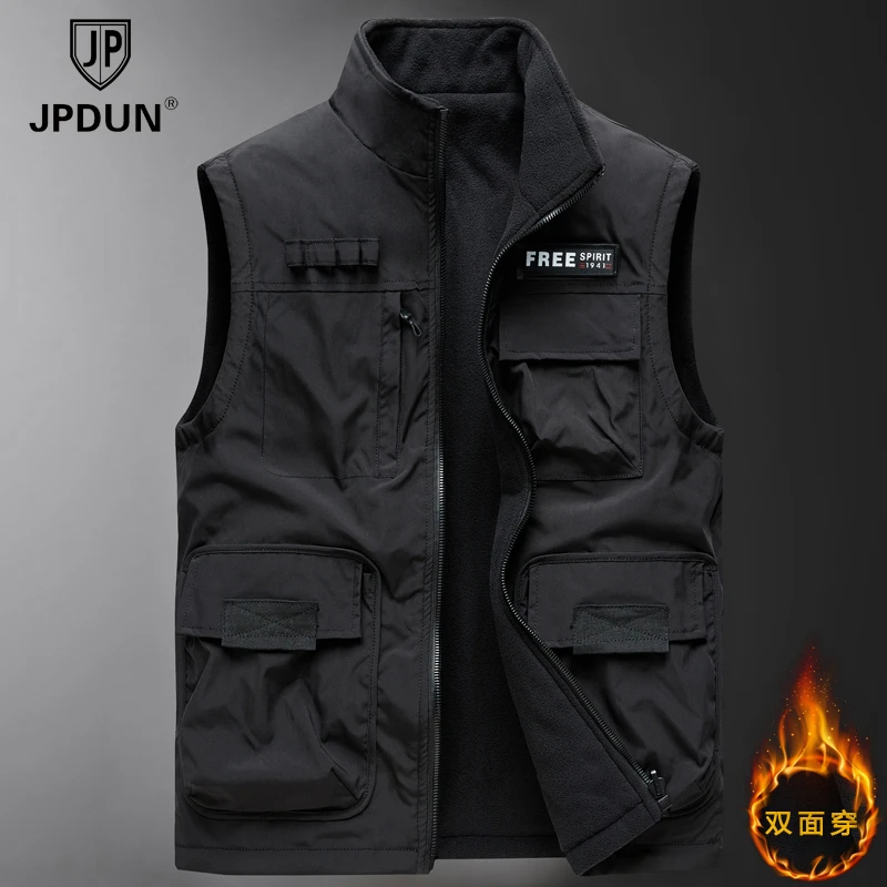 JPDUN男士大码多口袋工装马甲秋冬季休闲双面穿立领加绒保暖背心