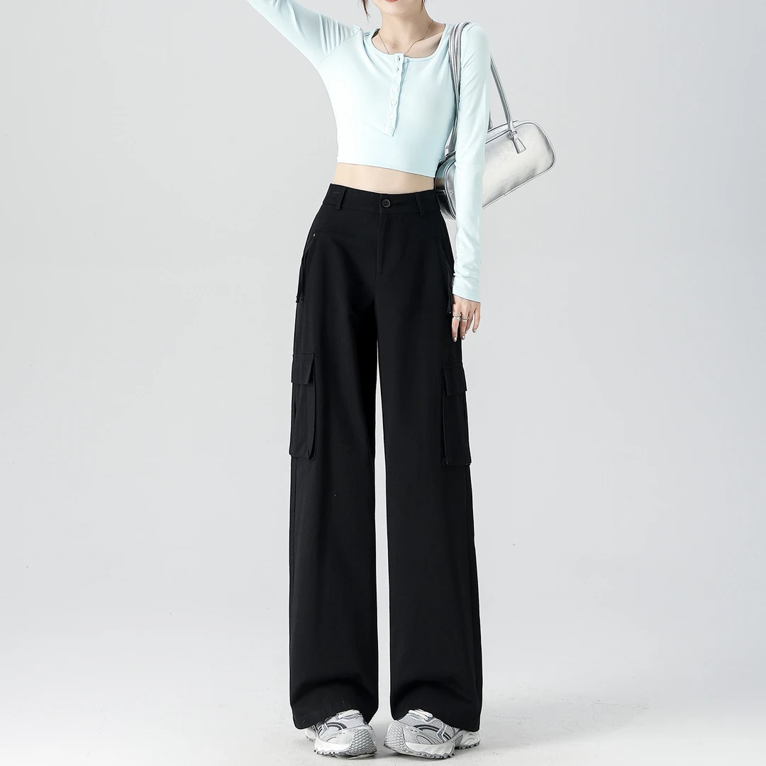黑色纯棉阔腿工装裤女款2025新款酷飒风宽松休闲裤子春秋季直筒裤
