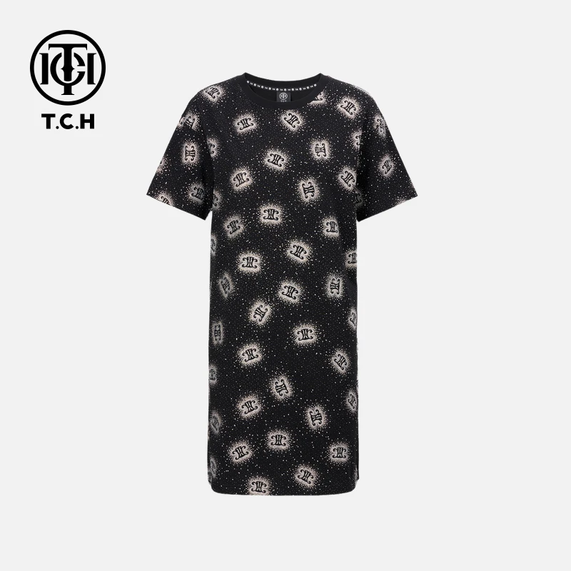 TCH轻奢烫钻工艺时尚高级感黑色长款连衣裙女T75A30E1010私服tch
