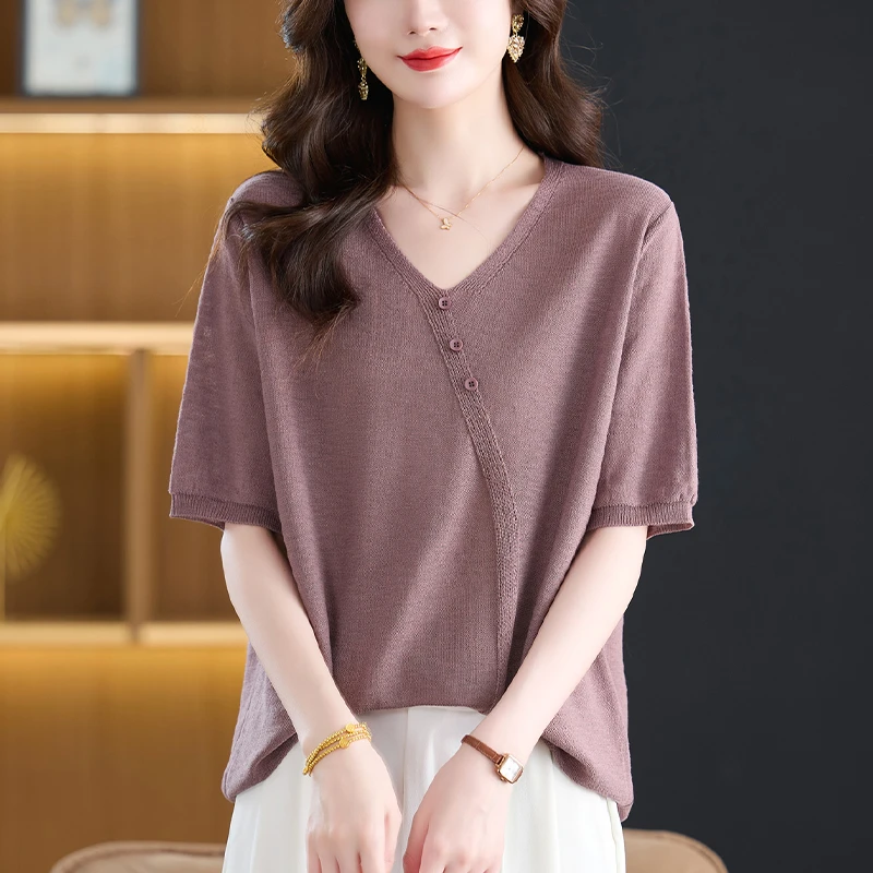 减龄显瘦大码薄款冰丝针织衫女宽松遮肚子上衣百搭洋气V领短袖T恤