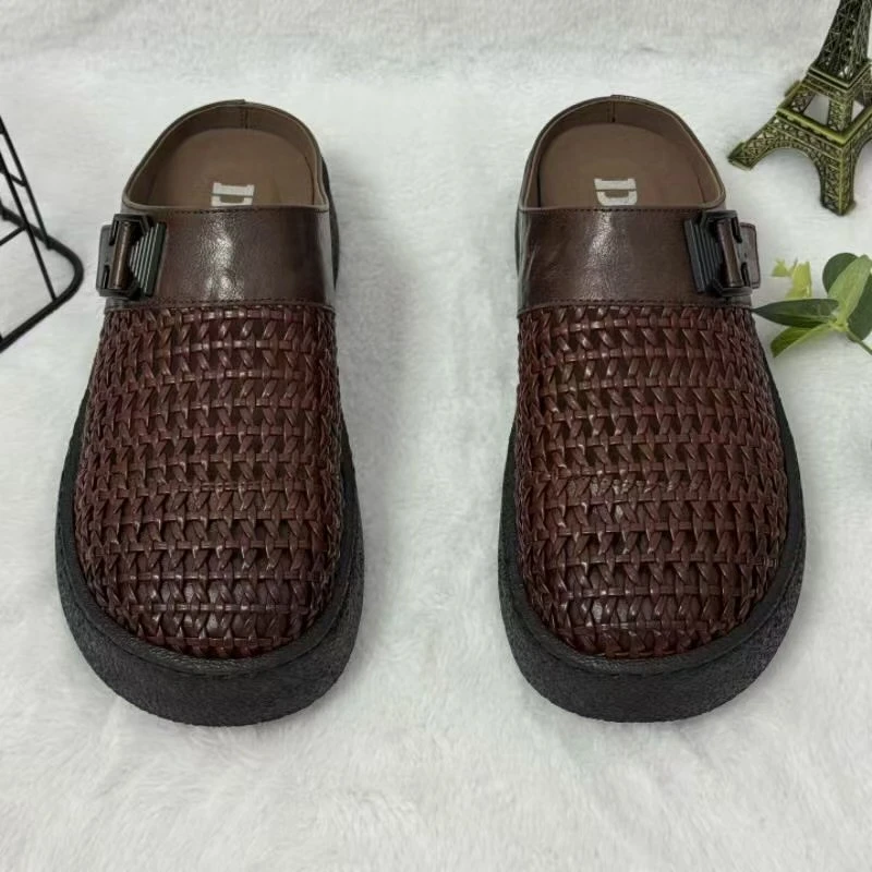 D99镂空一脚蹬厚底拖男款沙滩鞋时尚百搭休闲舒适夏季真皮拖鞋