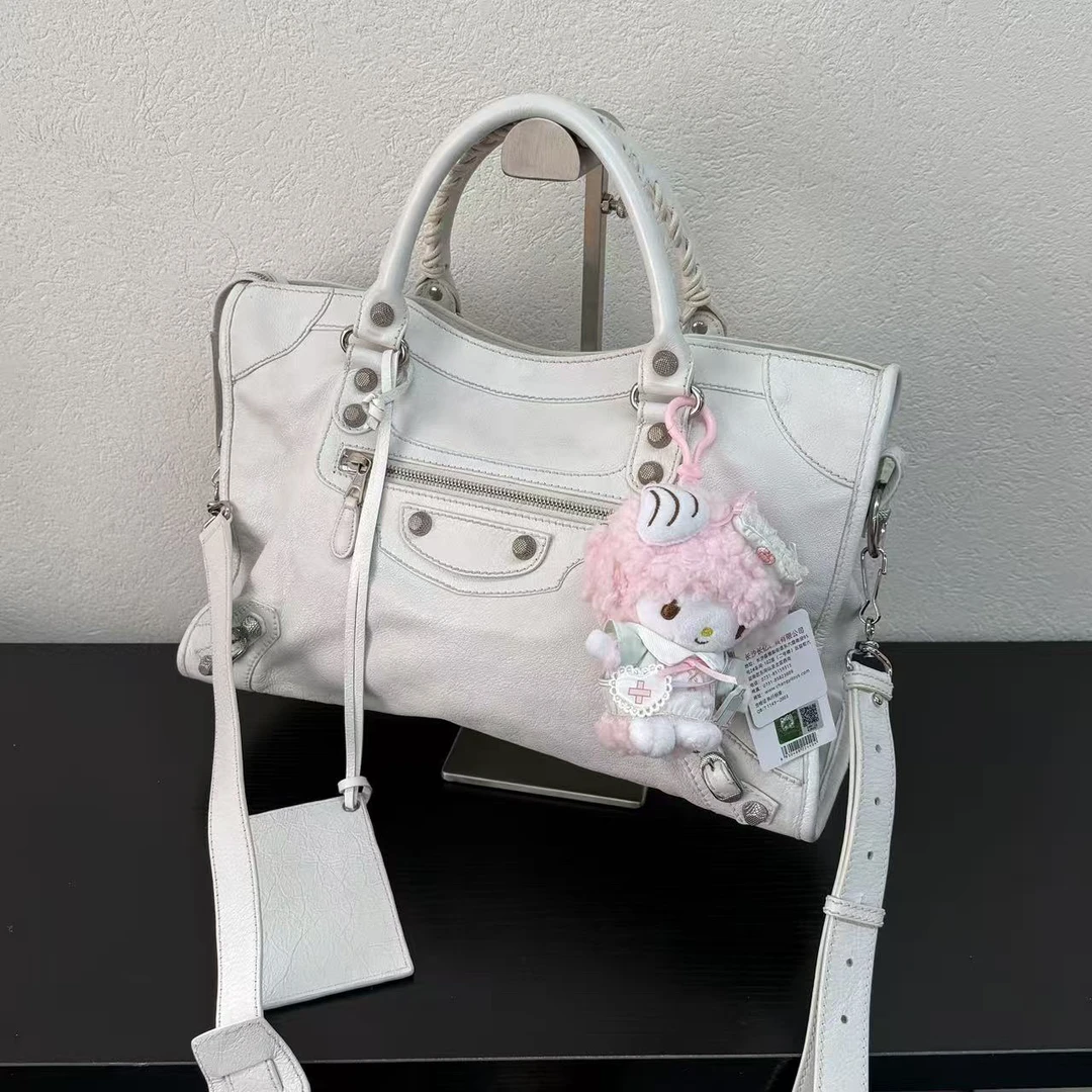 95新 Balenciaga/巴黎世家 白银油蜡皮机车city中号单肩包 123739