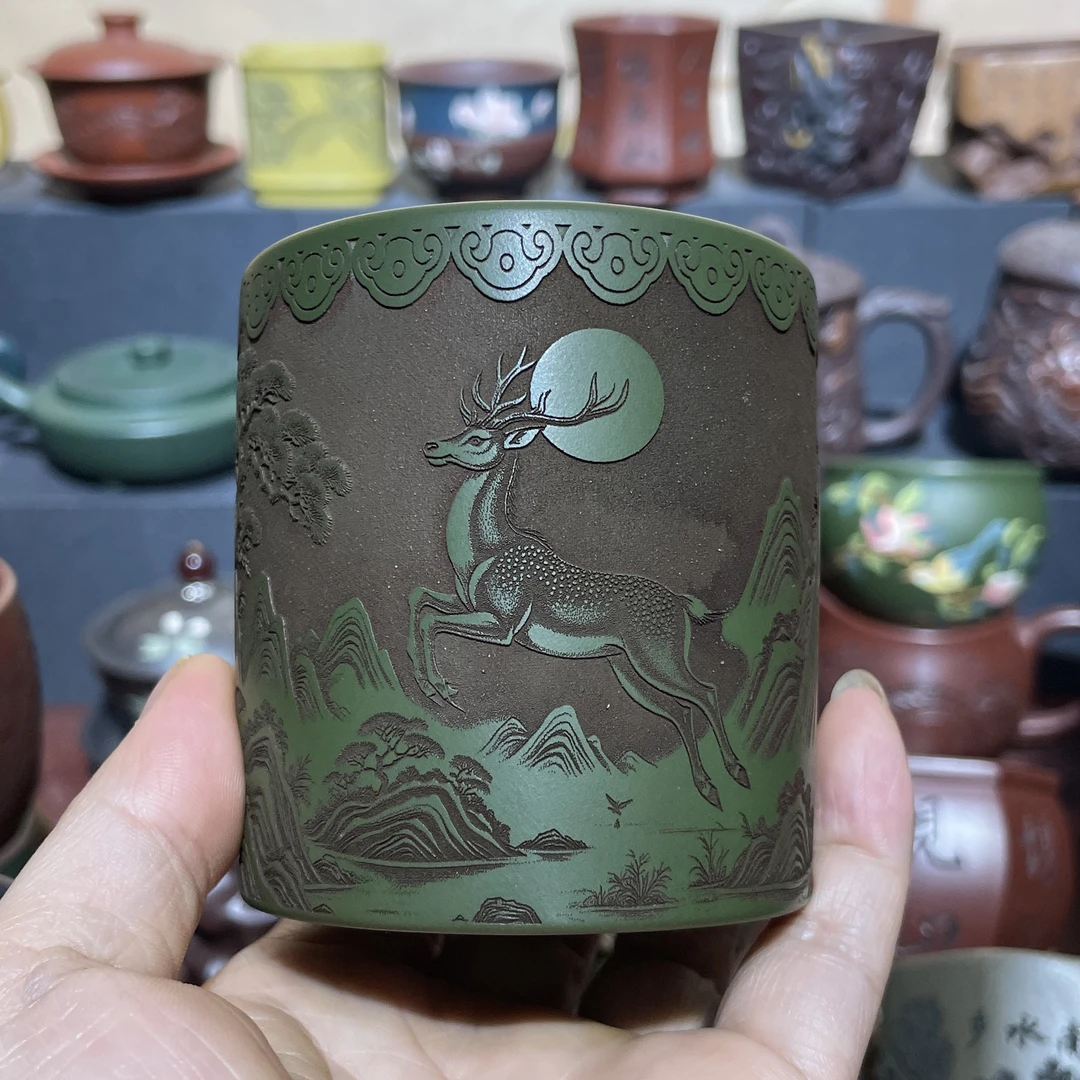 原矿紫砂绿泥手工直筒浮雕梅花鹿茶杯大容量主人杯160毫升笔桶杯