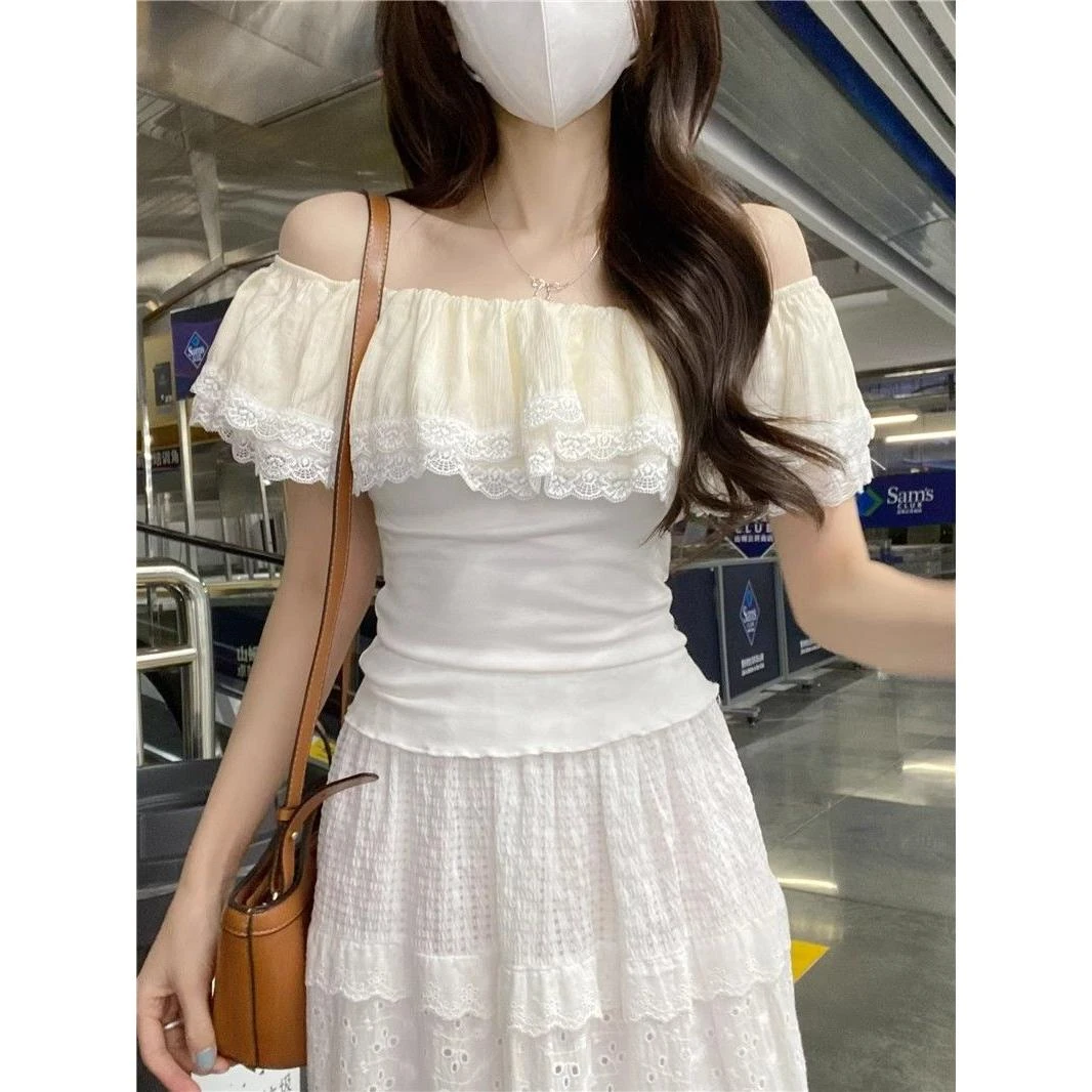 气质白色边一字肩抹胸t恤女2025新款夏季显瘦独特超运动辣妹上衣