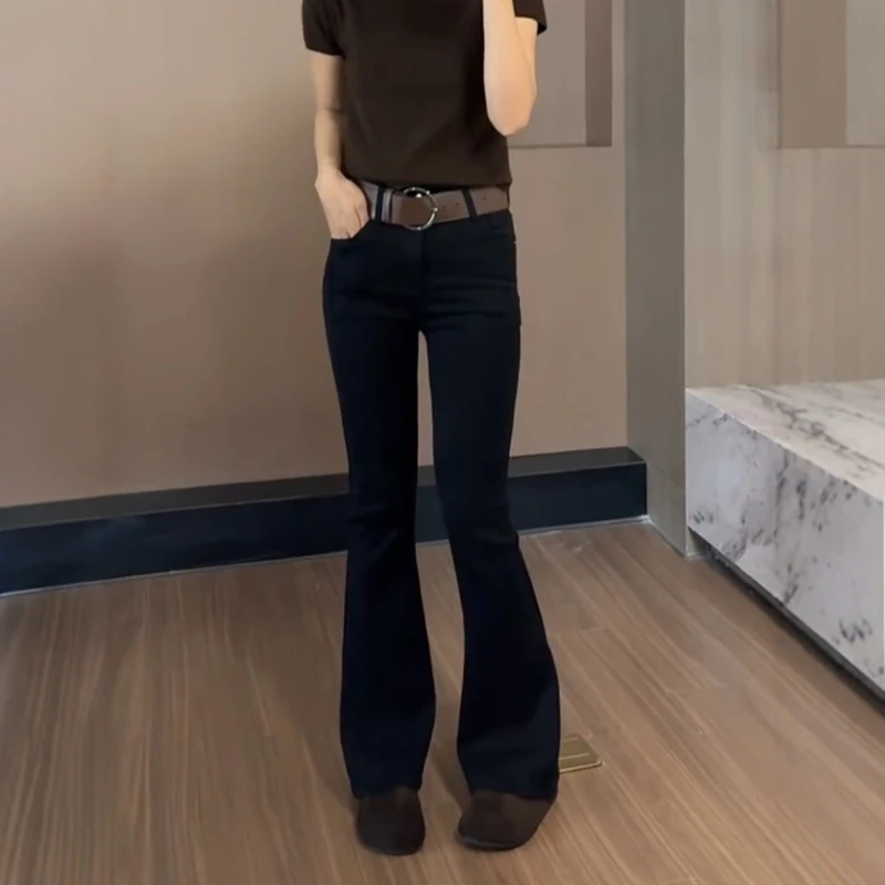 秋冬新款大码加绒弹力修身微喇裤黑色高腰加厚窄版直筒牛仔马蹄裤