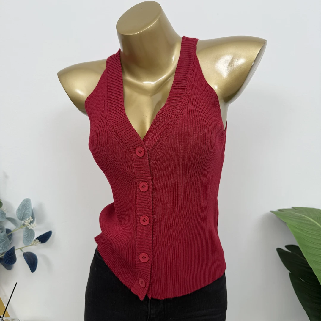 自带氛围感~复古红色V领薄款针织上衣女2025新款春夏纯欲背心