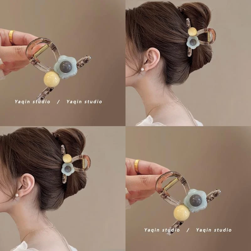 绿灰小花~亚克力盘发抓夹！2024新款发夹女后脑勺鲨鱼夹子女夏