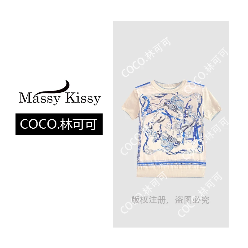 【COCO林可可】马头马鞍名媛轻奢桑蚕丝印花上衣手工缝盘拼接针织