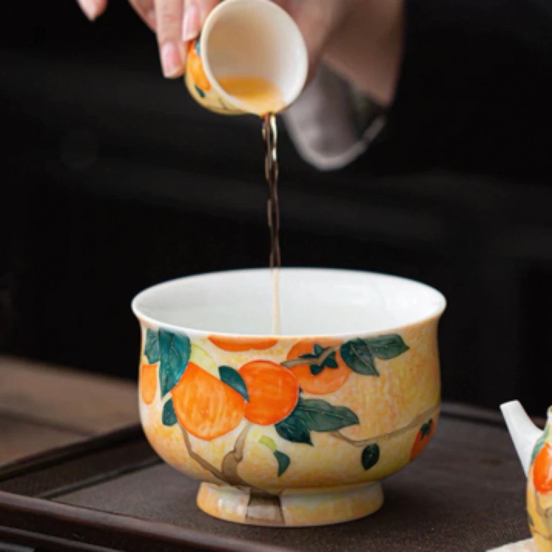 立体手绘柿柿如意甜白釉建水陶瓷中式茶洗杯洗家用功夫茶具配件