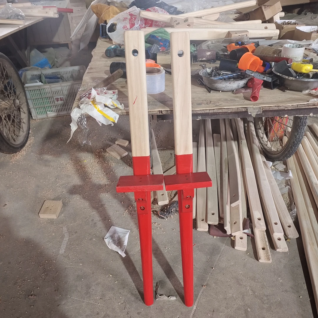 松木红漆款绑腿高跷传统实木高跷带绑绳脚套可定制