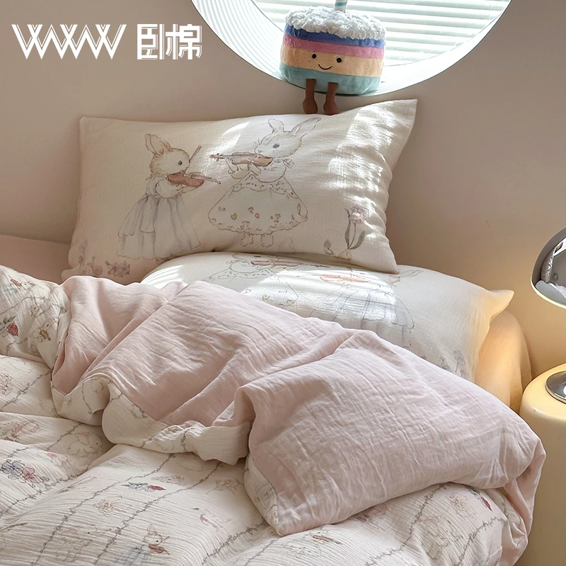 WWW全棉母婴A类卡通印花水洗加厚皱皱纱亲肤柔软碎花四件套 A0041