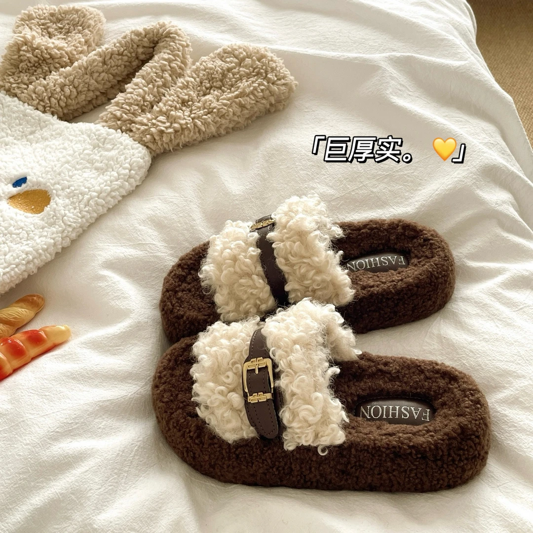 矜贵香香风~！厚实慵懒ins加绒厚底外穿棉拖鞋女秋冬保暖毛毛拖鞋