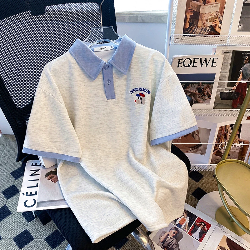 小狗刺绣短袖polo衫港味潮牌夏季新款休闲撞色拼接慵懒风半袖T恤