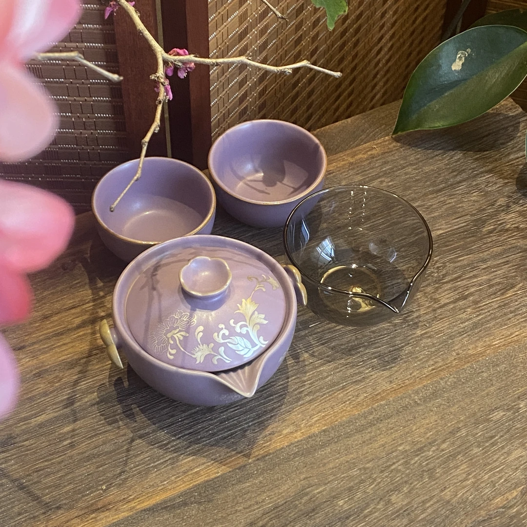 四海新品【紫嫣银绘牡丹旅行茶具五件套】中式陶瓷精美旅行茶具