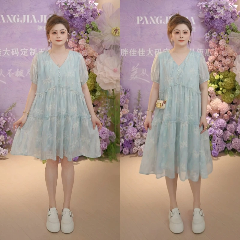 【胖佳佳】现货~花园之境 重工刺绣短袖连衣裙气质减龄H625Z07328