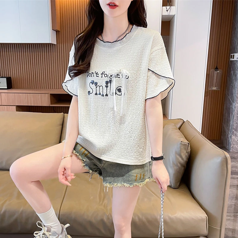 卷边撞色荷叶袖短袖t恤女2025新款夏季宽松小个子短款设计感上衣