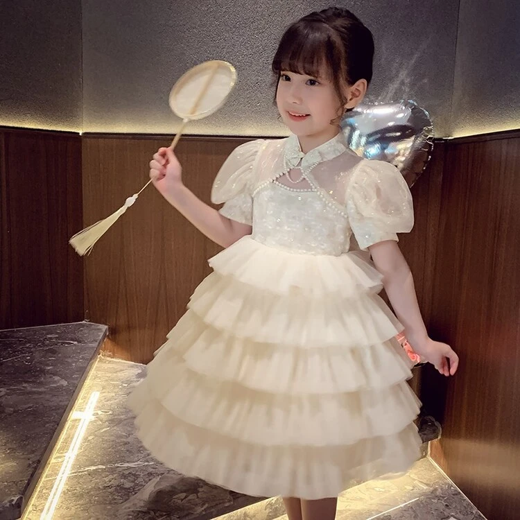 GUYN新款夏季女童网纱旗袍连衣裙洋气中大童公主裙中国风棉质A字