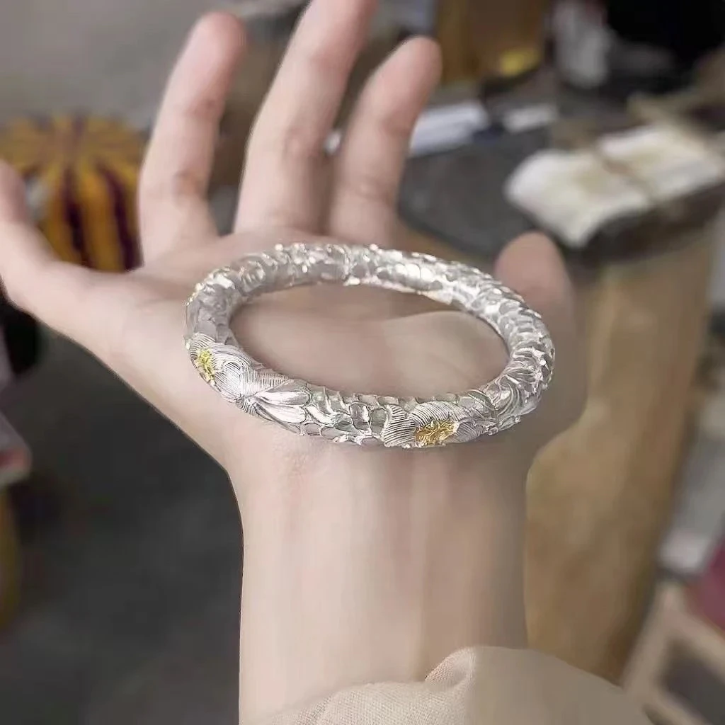 足银手镯 999.9银描金牡丹花篆刻古法闭口镯