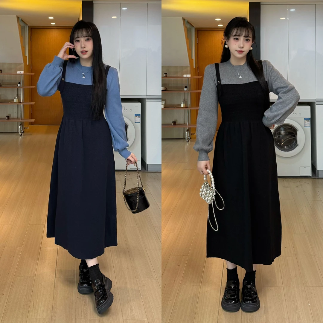 亿米-现货(晴时烟雨)大码显瘦女装针织假两件连衣裙针织裙