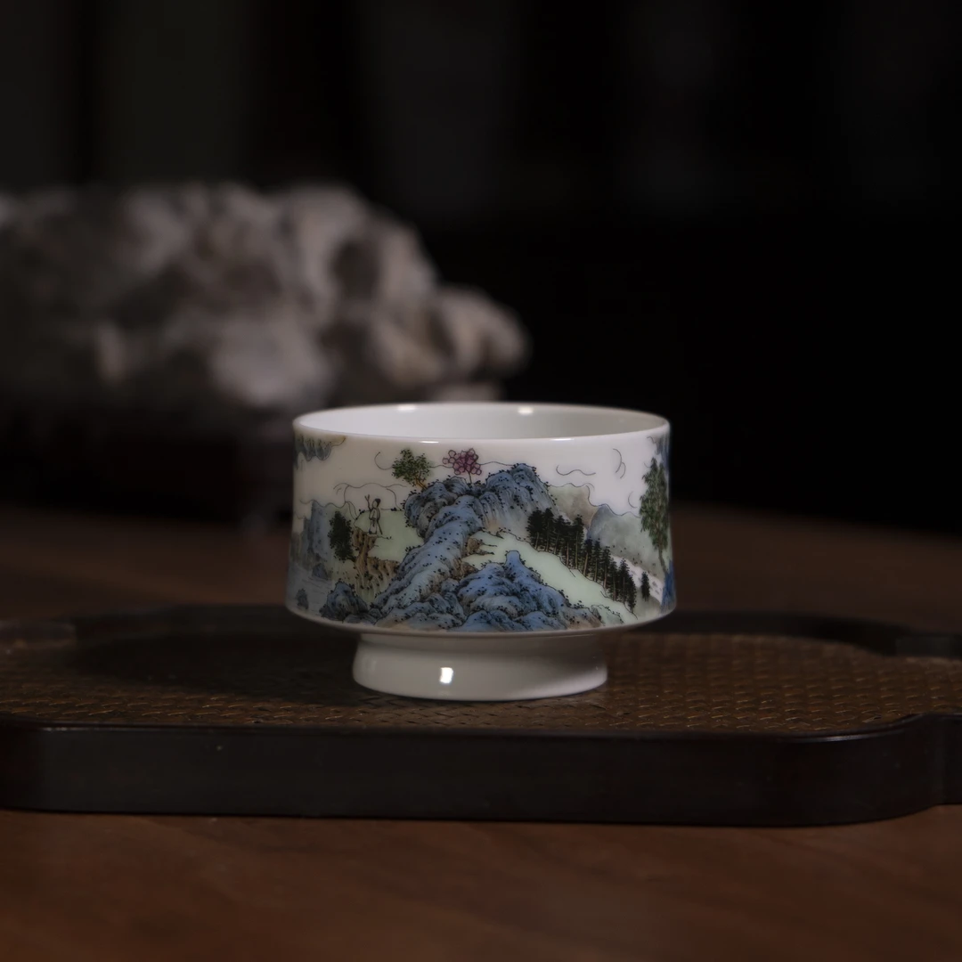/唐芙琼粉彩山水马蹄杯手工手绘陶瓷主人杯茶杯品茗杯茶具家用
