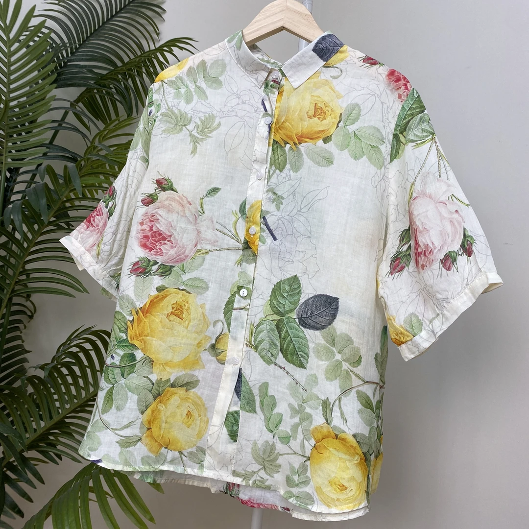 【大黄粉玫瑰印花苎麻衬衫】3168