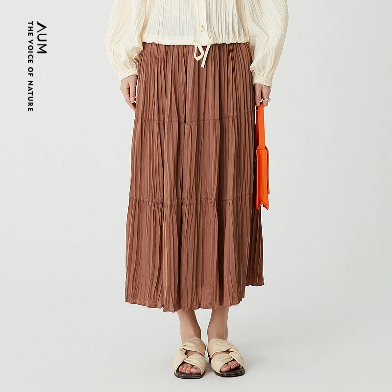 AUM25年春季新款时尚百搭气质褶皱肌理A字松紧腰半身裙M1DE11022