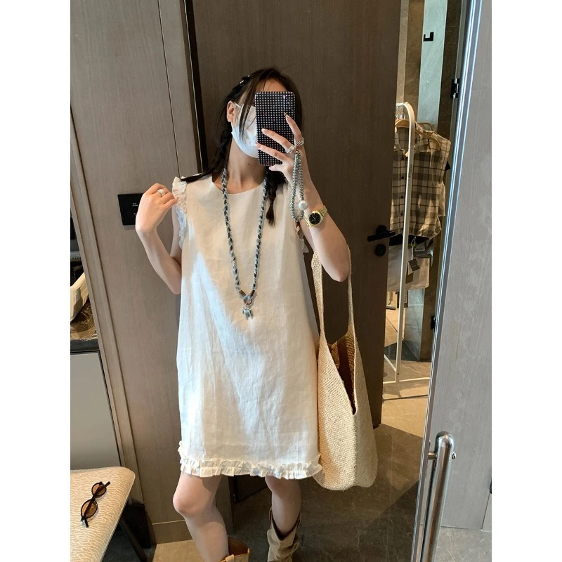 100亚麻小个子时尚连衣裙无袖木耳边背心裙夏季气质白色开叉裙子
